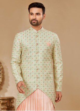Peach and Sea Green Indo Western in Art Silk with Embroidered work for Men